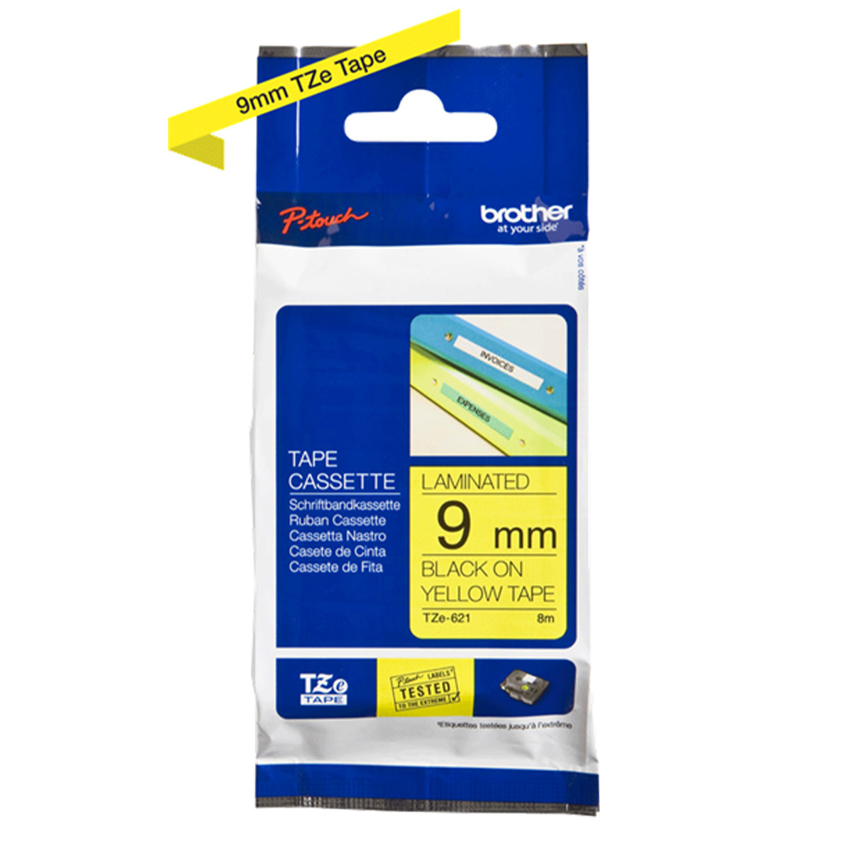 Cinta Rotuladora Brother TZe-621 Adhesivo estándar 9mm x 8mts Negro sobre Amarillo