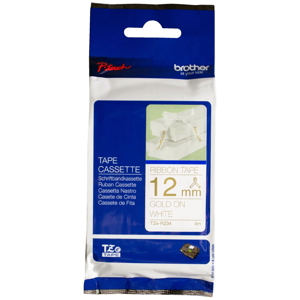 Cinta Rotuladora Brother Satin TZER234 12mm x 4m Blanco letras doradas