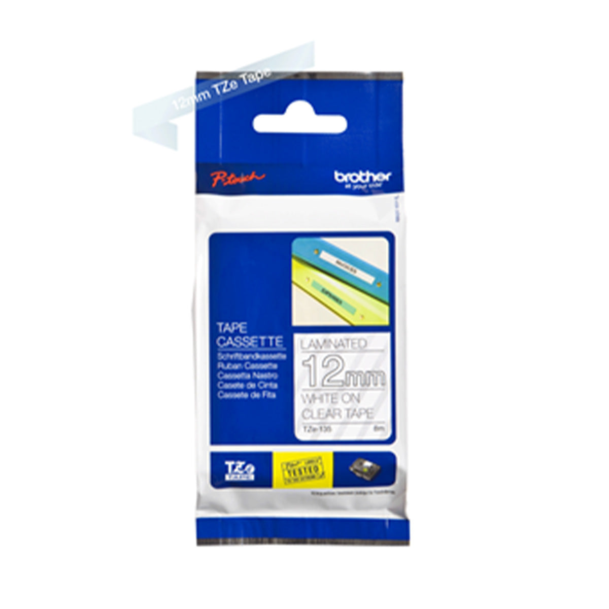Cinta Rotuladora Brother TZe-135 Adhesivo estándar 12mm x 8m transparente letras blancas