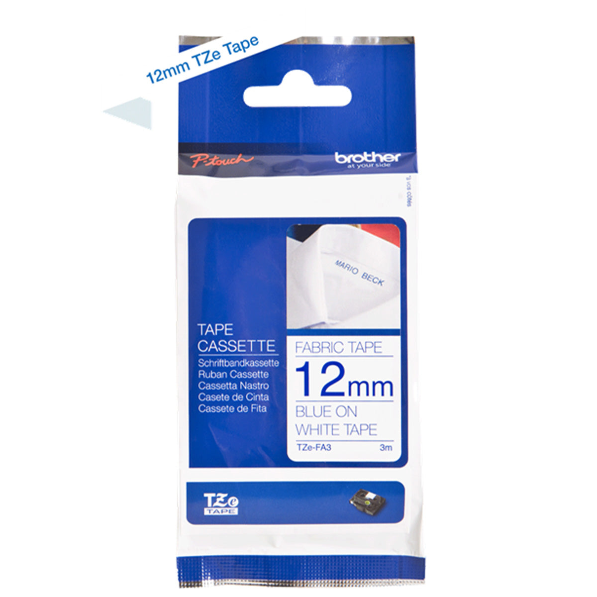 Cinta Rotuladora Brother TZe-FA3 Textil termo adherente 12mm x 3m blanca letras azules