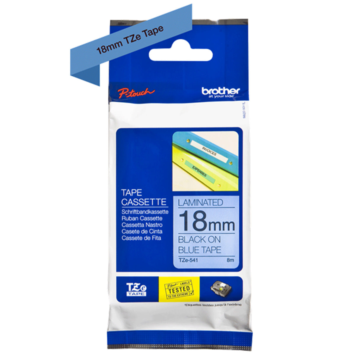 Cinta Rotuladora Brother TZe-541 Adhesivo estándar 18mm x 8m Azul letras negras