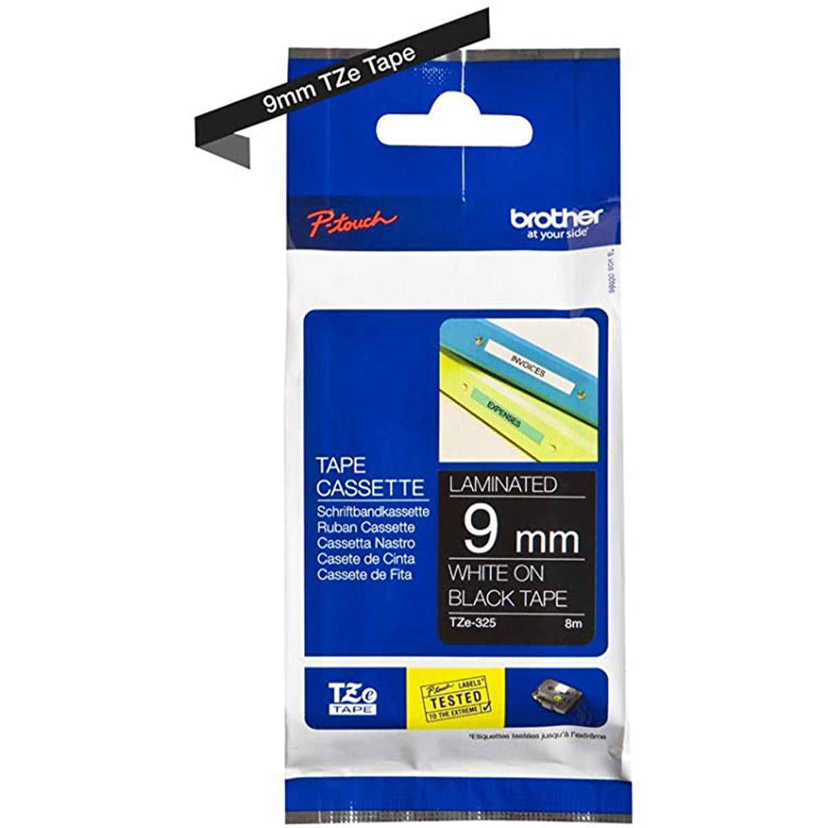 Cinta Rotuladora Brother TZe-325 Adhesivo estándar 9mm x 8mts negro letras blancas