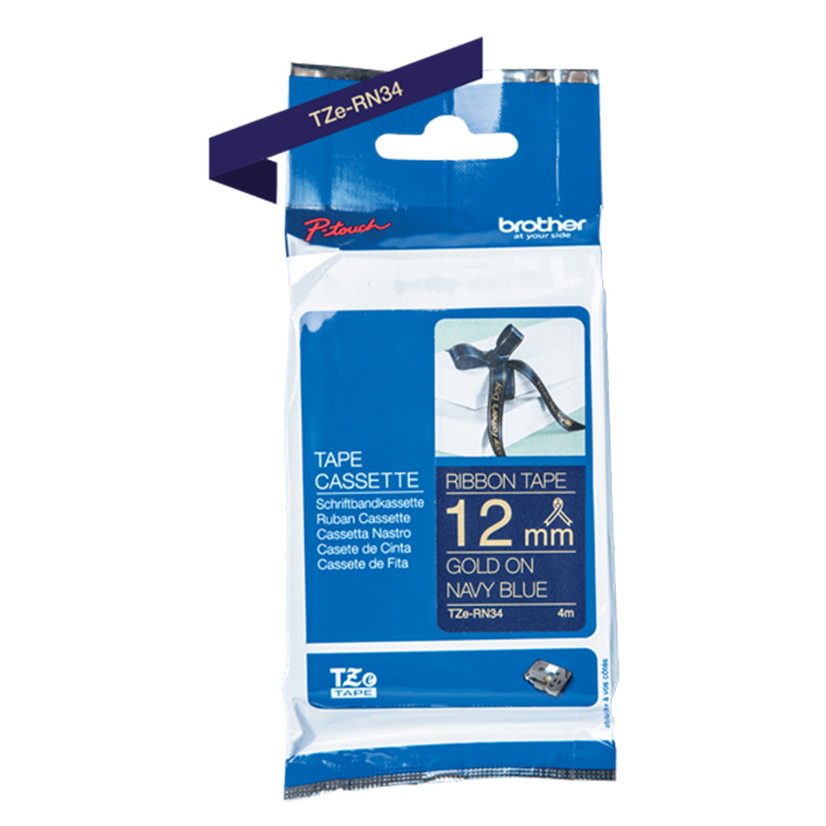 Cinta Rotuladora Brother Satin TZERN34 12mm x 4m Azul letras doradas