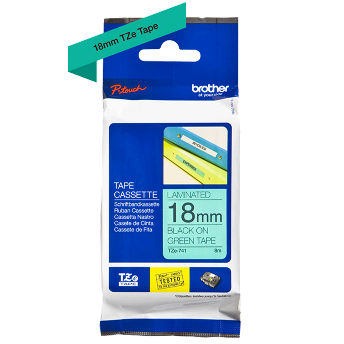 Cinta adhesiva TZe-741 de Brother para rotuladoras P-Touch, 18mm de ancho y 8 metros de largo, color verde letras negras, empaque original