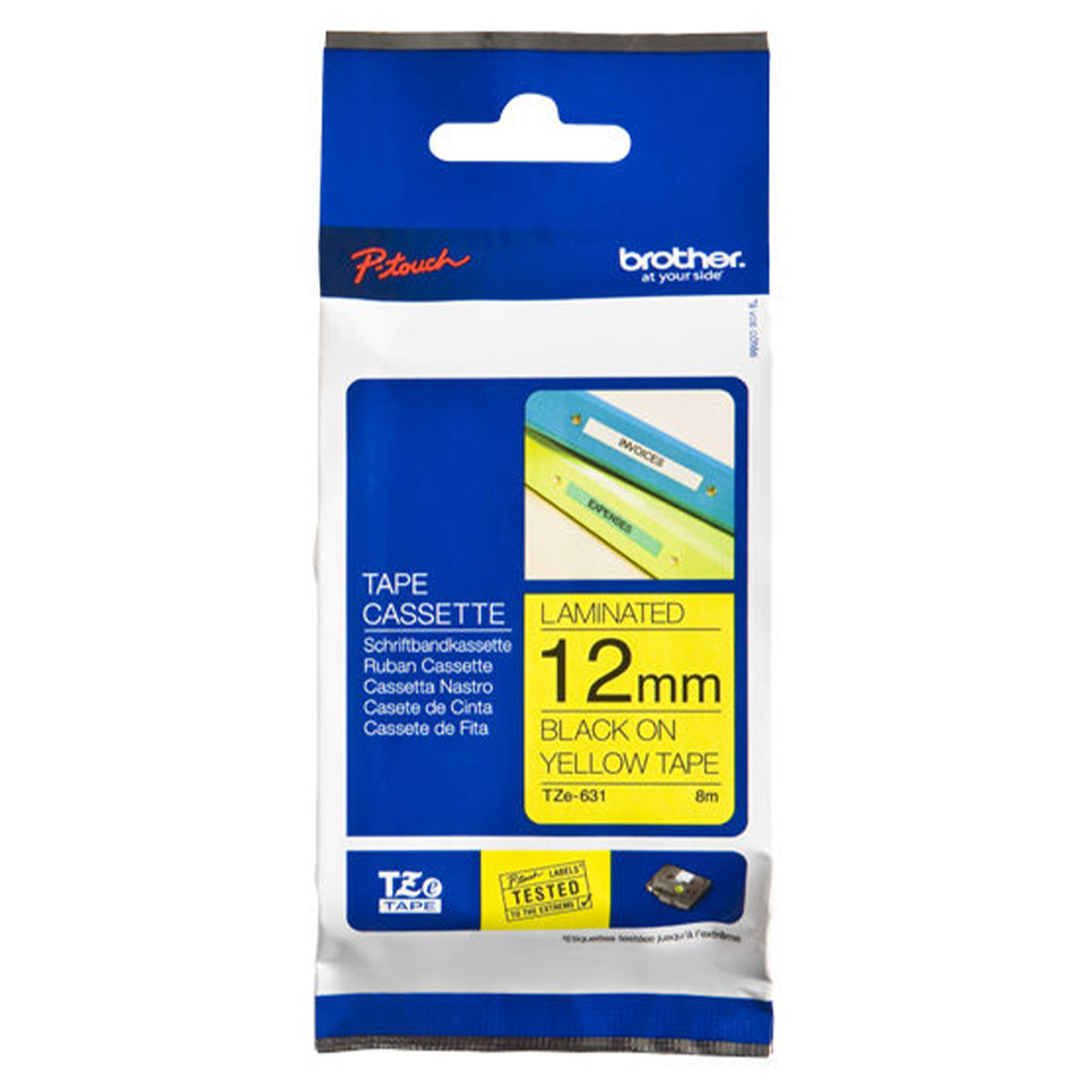 Cinta Rotuladora Brother TZe-631 Adhesivo estándar 12mm x 8mts Negro sobre Amarillo