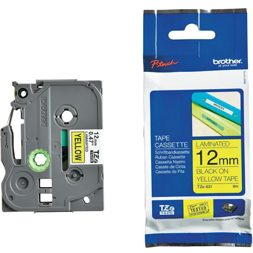 Cinta Rotuladora Brother TZe-631 Adhesivo estándar 12mm x 8mts Negro sobre Amarillo