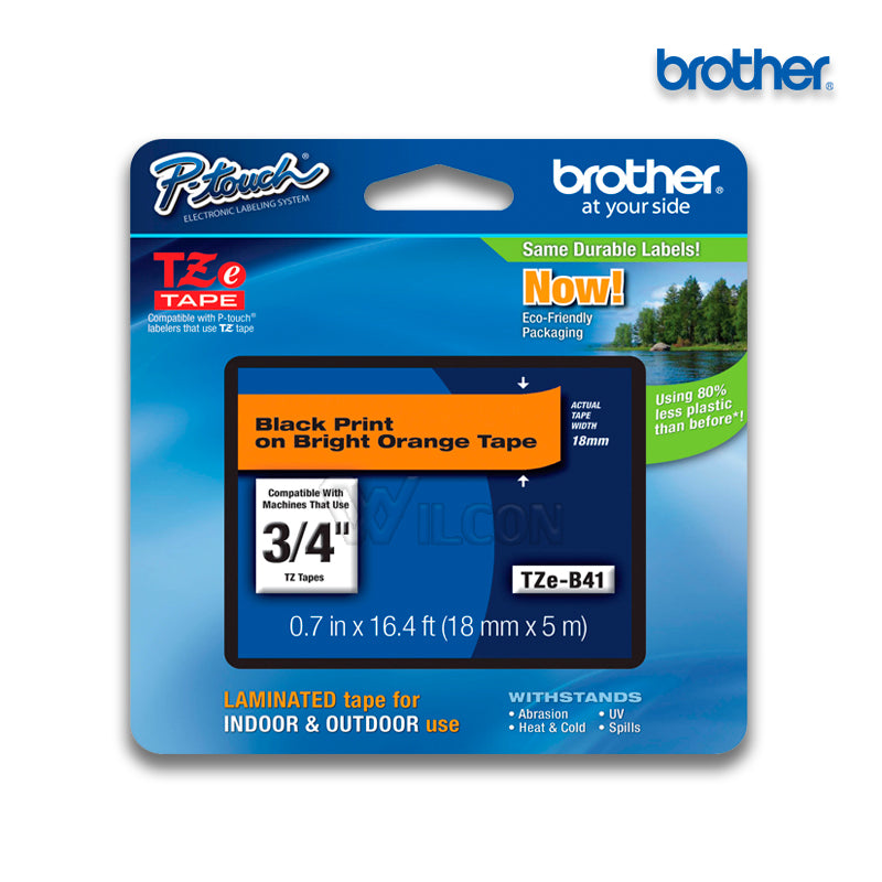 Cinta Rotuladora Brother TZe-B41 Adhesivo estándar 18mm x 5m naranjo letras negras