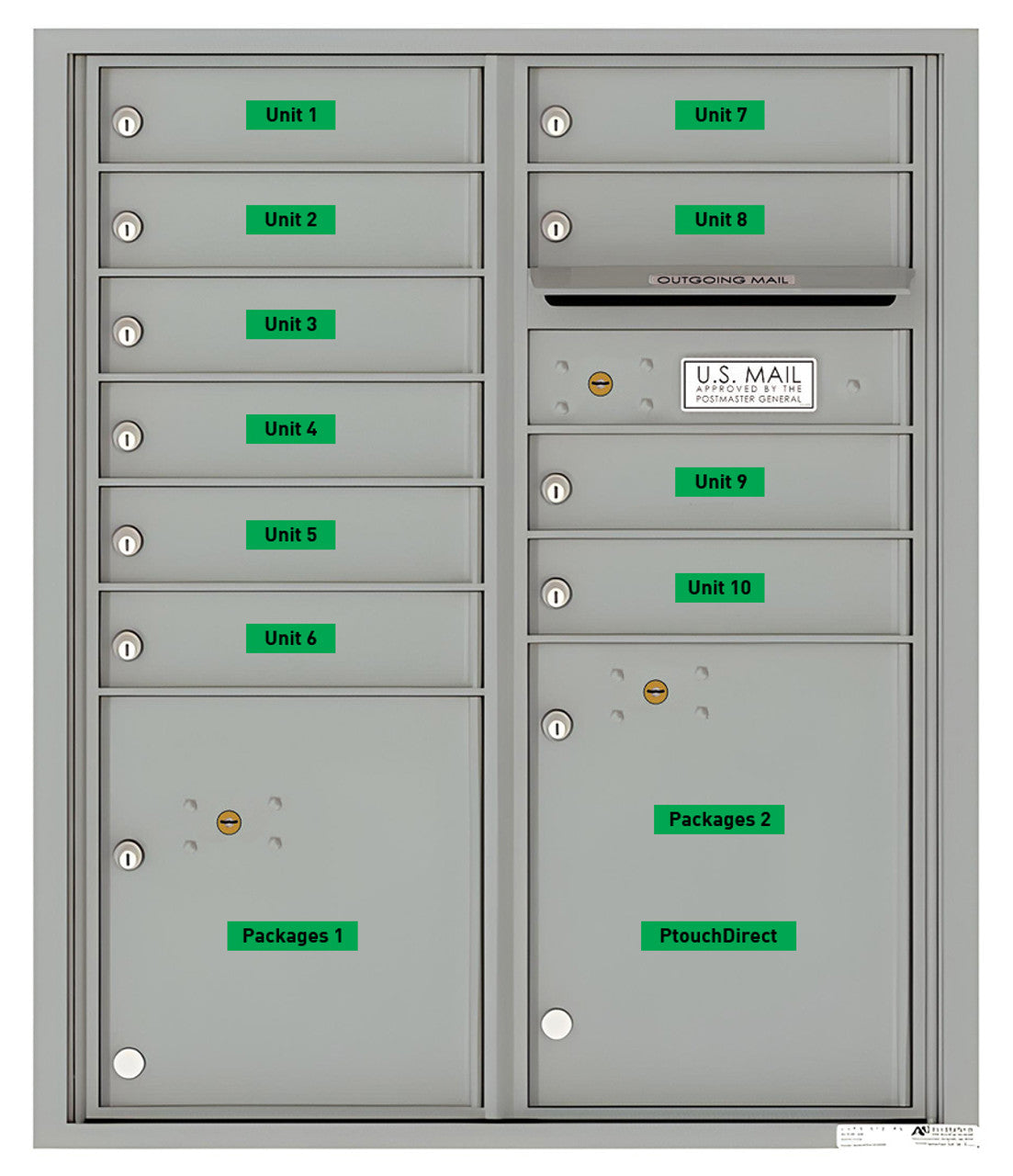 Casilleros etiquetados con la cinta adhesiva TZE-441 de Brother para rotuladoras P-Touch, color verde letras negras, para identificar la unidad a la que pertenecen.