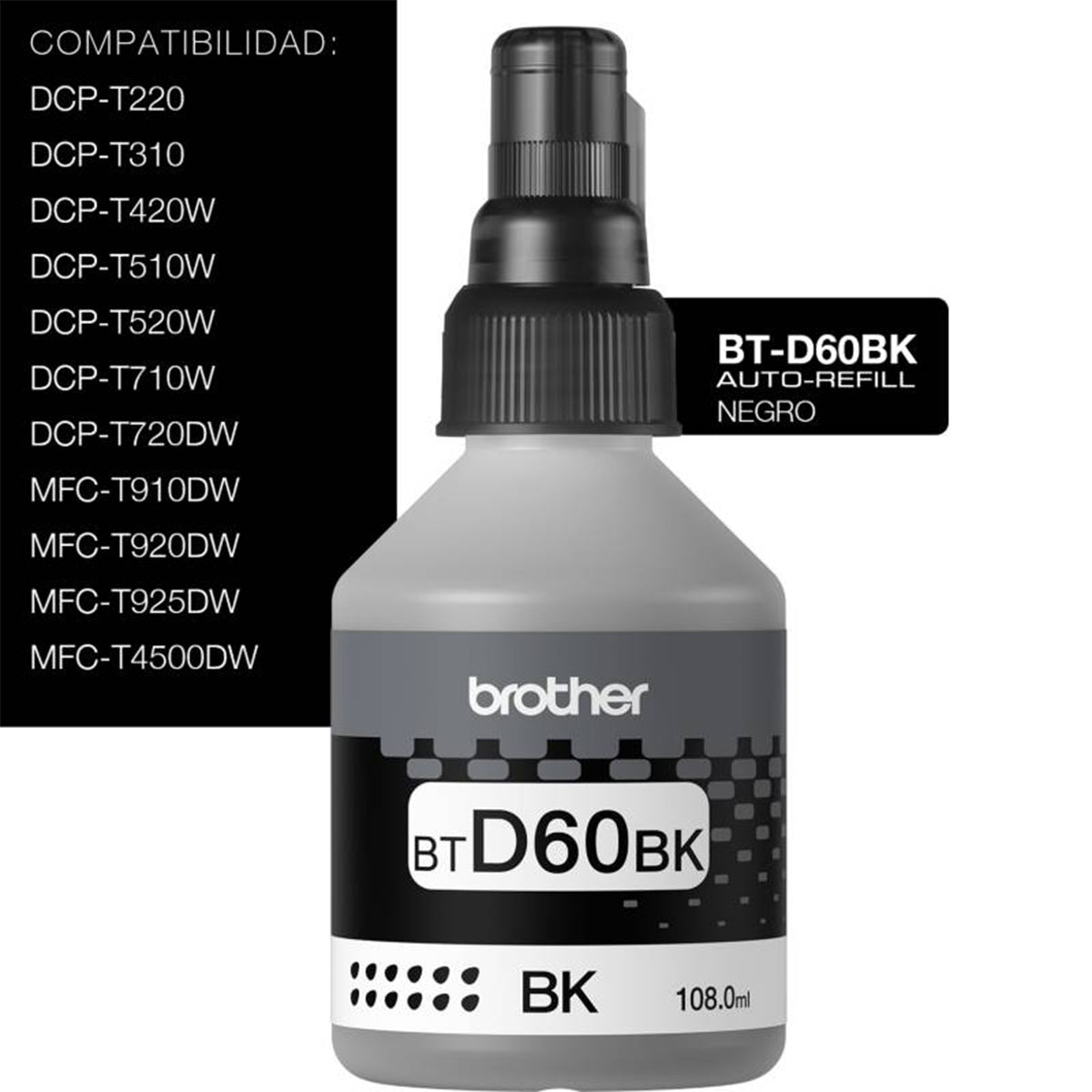 Botella de Tinta Original BTD60BK Negro 108ml ultra alto rendimiento