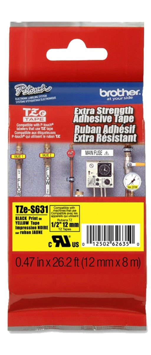 Cinta Rotuladora Brother TZe-S631 Super Adhesiva 12mm x 8mts Negro sobre Amarillo