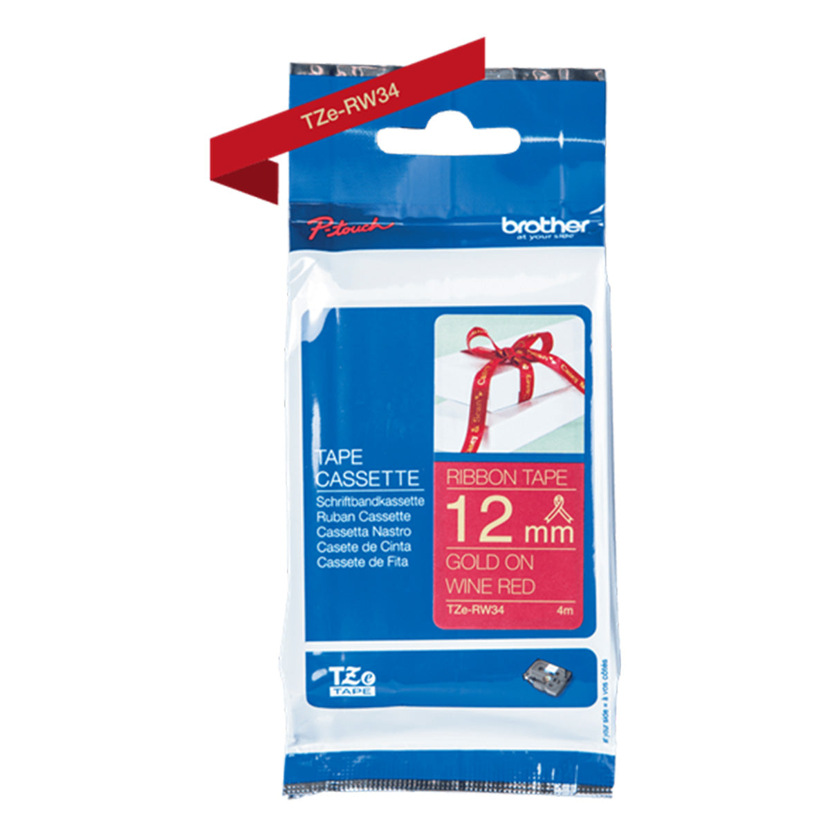 Cinta Rotuladora Brother Satin TZERW34 12mm x 4m Rojo vino letras doradas
