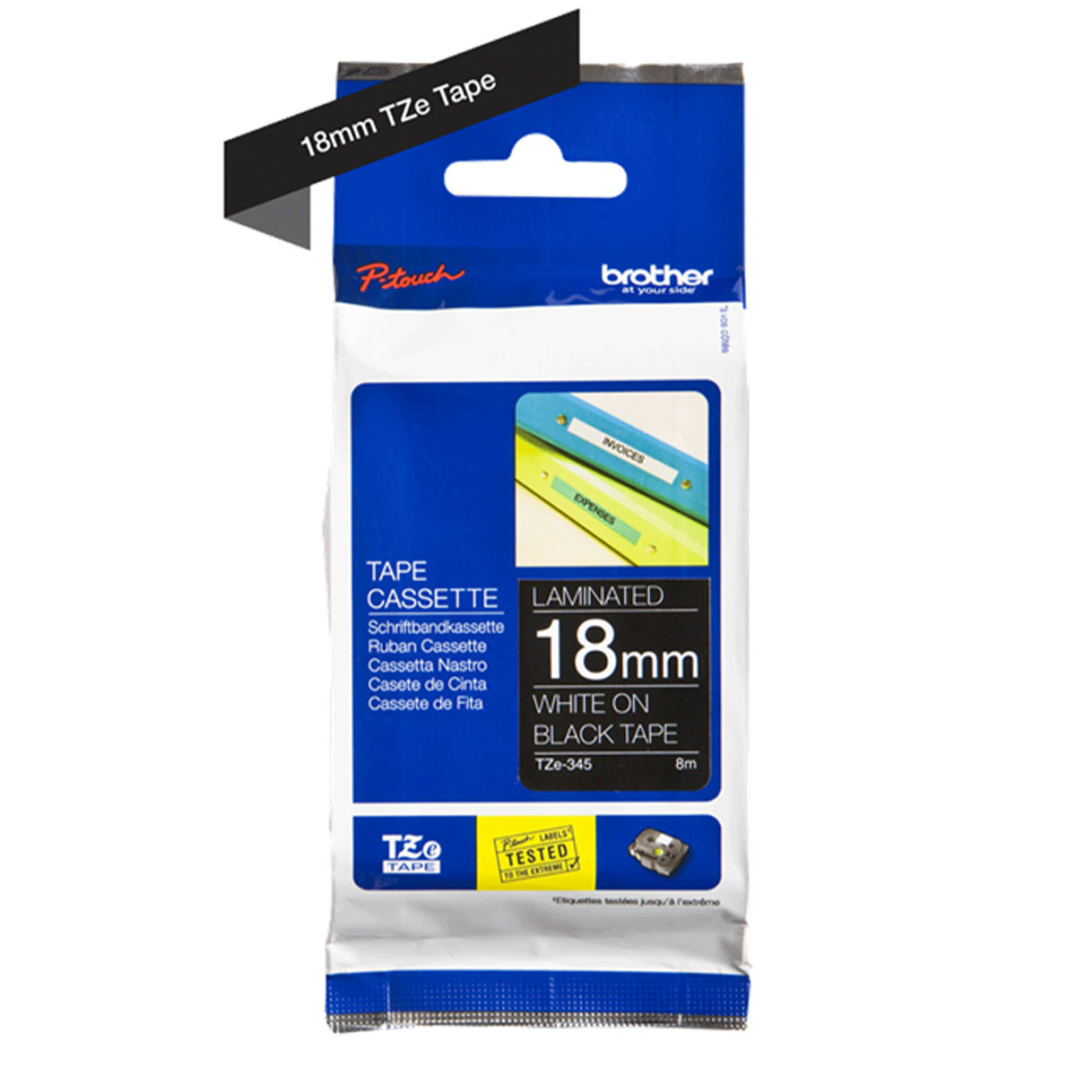 Cinta Rotuladora Brother TZe-345 Adhesivo estándar 18mm x 8m negra letras blancas