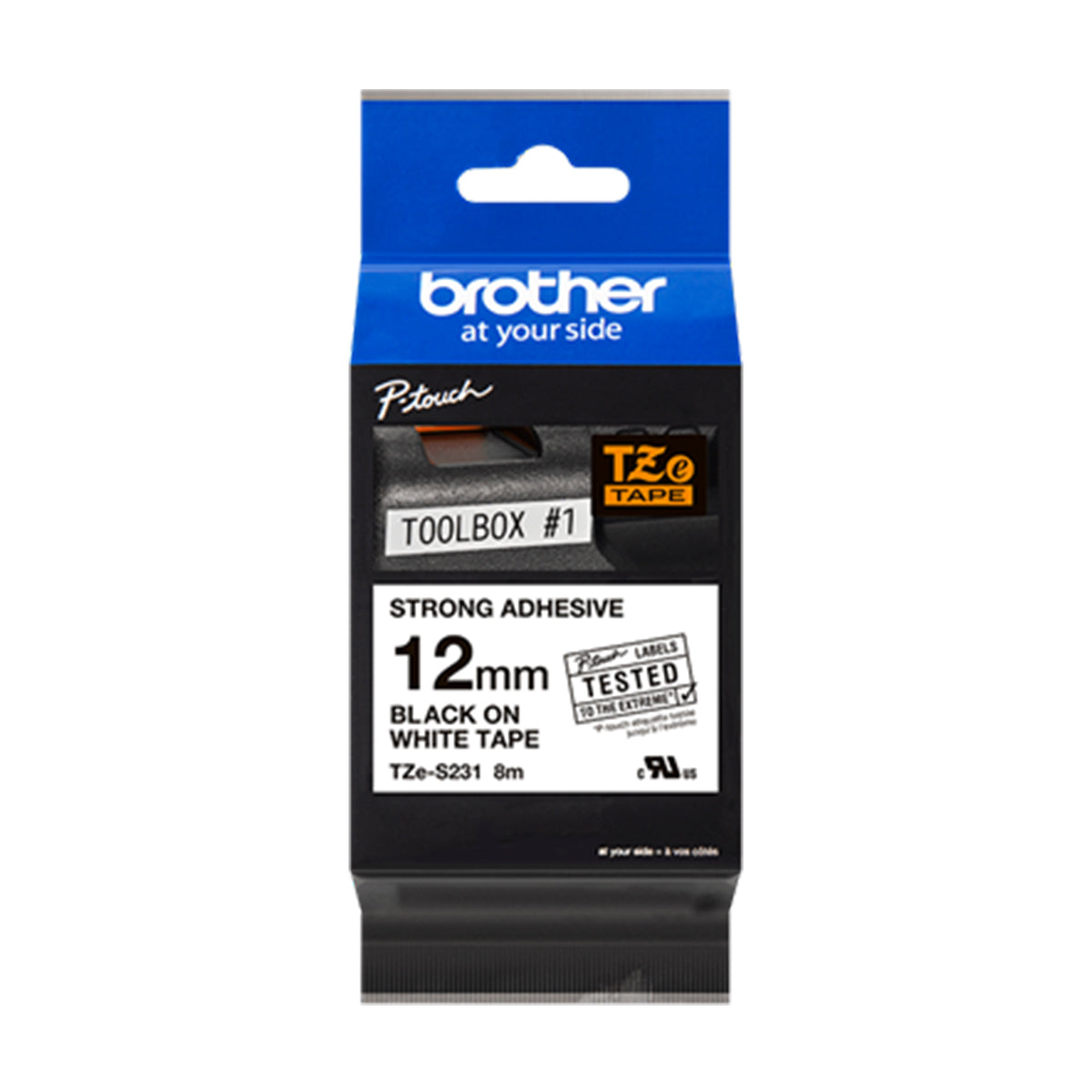 Cinta Rotuladora Brother TZe-S231 Super Adhesiva 12mm x 8mts blanca letras negras