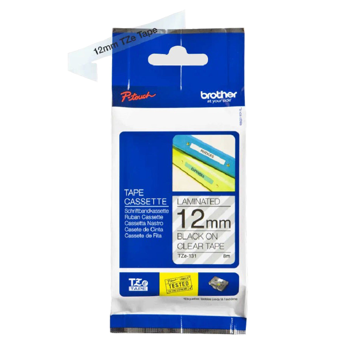 Cinta Rotuladora Brother TZe-131 Adhesivo estándar 12mm x 8m transparente letras negras