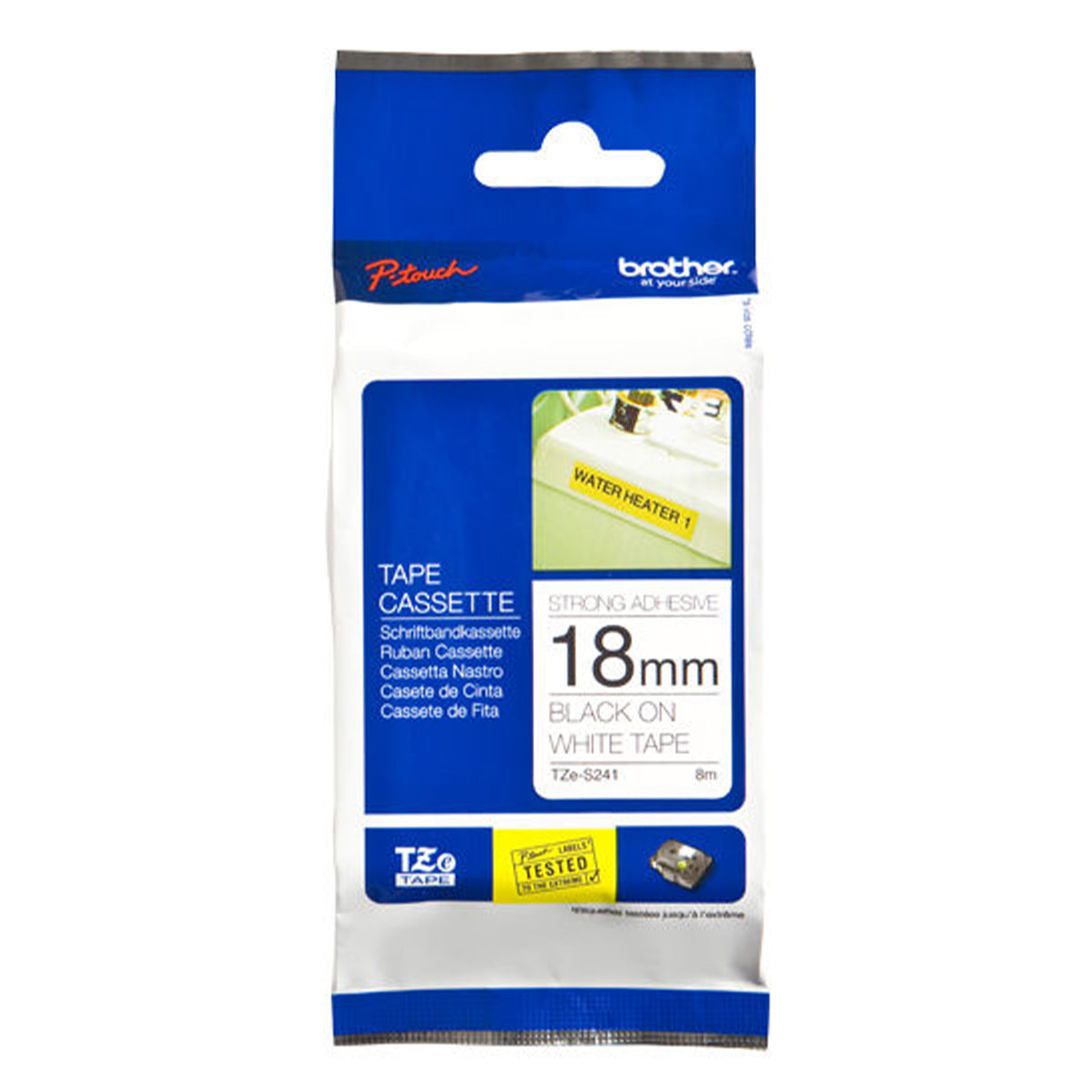 Cinta Rotuladora Brother TZe-S241 Super Adhesiva 18mm x 8mts Blanco sobre Negro