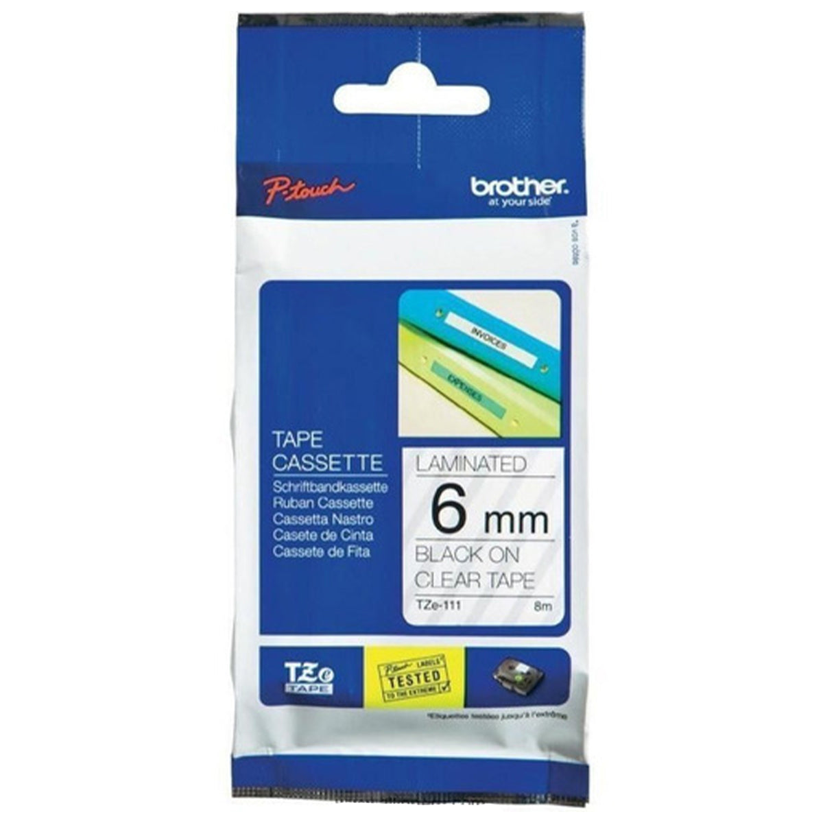 Cinta Rotuladora Brother TZE111 Adhesivo estándar 6mm x 8mts Negro sobre Transparente
