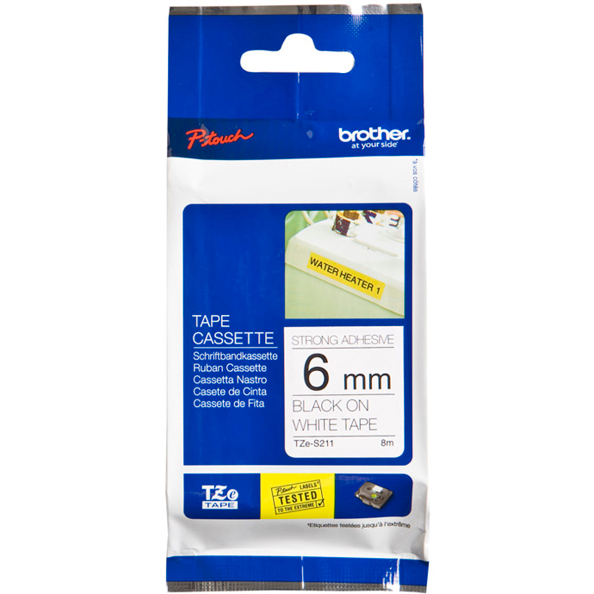 Cinta Rotuladora Brother TZe-S211 Super Adhesiva 6mm x 8mts Negro sobre Blanco
