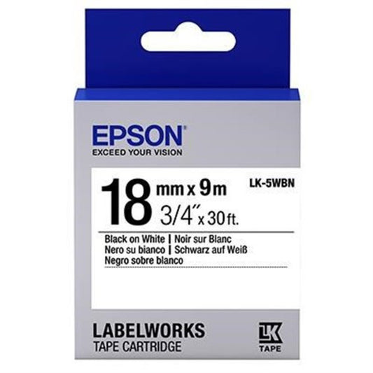 Cinta Epson LK-5WBN de 18mm de ancho y 9 metros de largo, empaque original, foto caja fondo blanco.