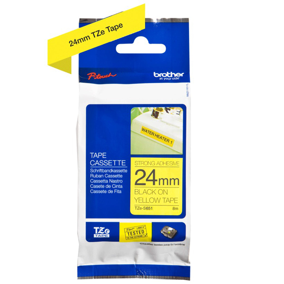 Cinta Rotuladora Brother TZe-S651 Super Adhesiva 24mm x 8mts Negro sobre Amarillo