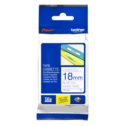 Cinta TZe-243 de Brother para rotuladoras P-Touch, 18mm de ancho y 8 metros de largo, color blanco letras azules, empaque original 