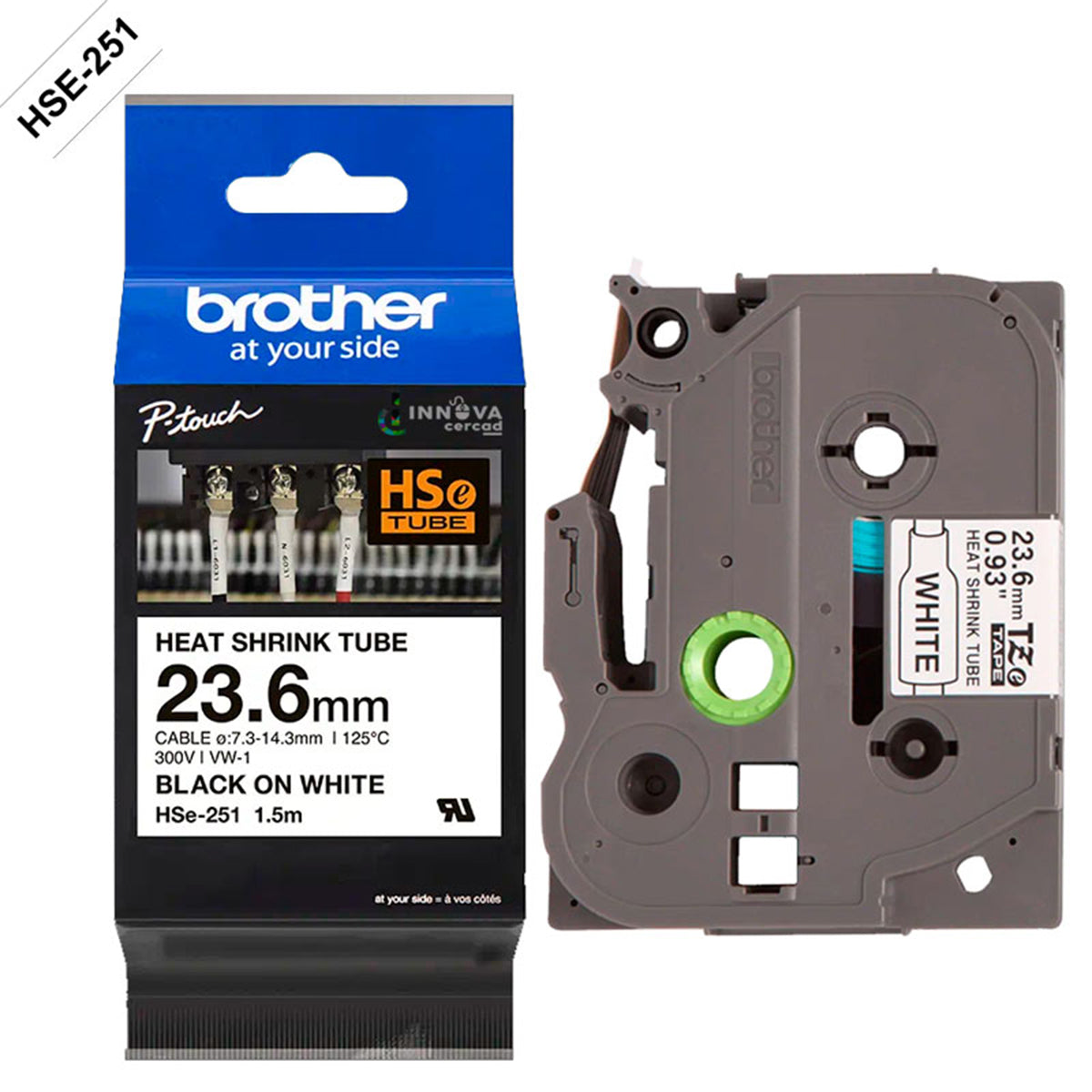 Cinta Brother Termocontraíble HSE251 23.6mm x 1.5m blanca letras negras