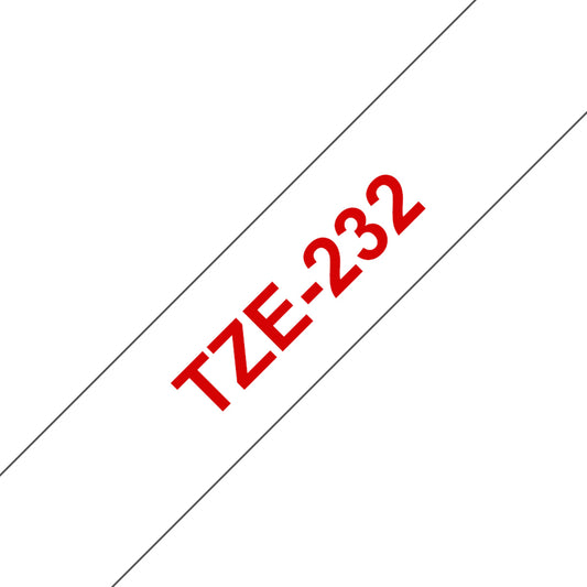 Cinta Brother Adhesiva TZE-232 fondo blanco letras rojas de 12mm de ancho y 8 metros de largo 