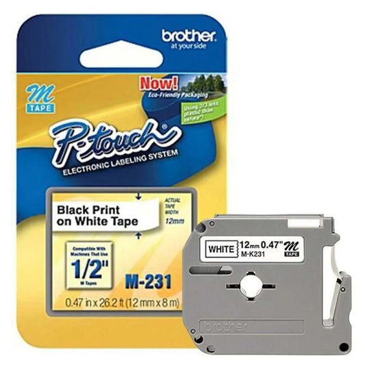 Cinta Rotuladora Brother No Laminada M-231 12mm x 8m blanca letras negras
