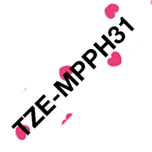 Cinta Brother Adhesiva TZE-MPHH31 fondo blanco con corazones rosados y letra negra, de 12mm de ancho y 4 metros de largo.