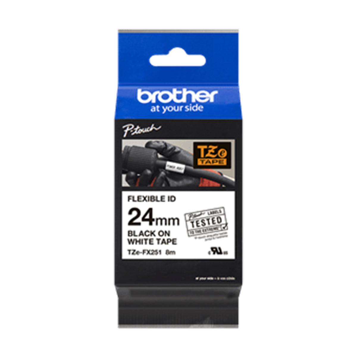Cinta Flexible Brother TZE-FX251 fondo blanco letras negras de24 mm de ancho y 8 metros de largo, empaque original