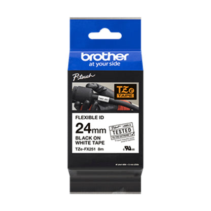 Cinta Flexible Brother TZE-FX251 fondo blanco letras negras de24 mm de ancho y 8 metros de largo, empaque original