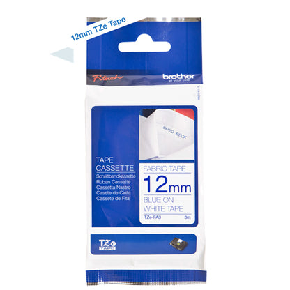 Cinta Rotuladora Brother TZe-FA3 Textil termo adherente 12mm x 3m blanca letras azules