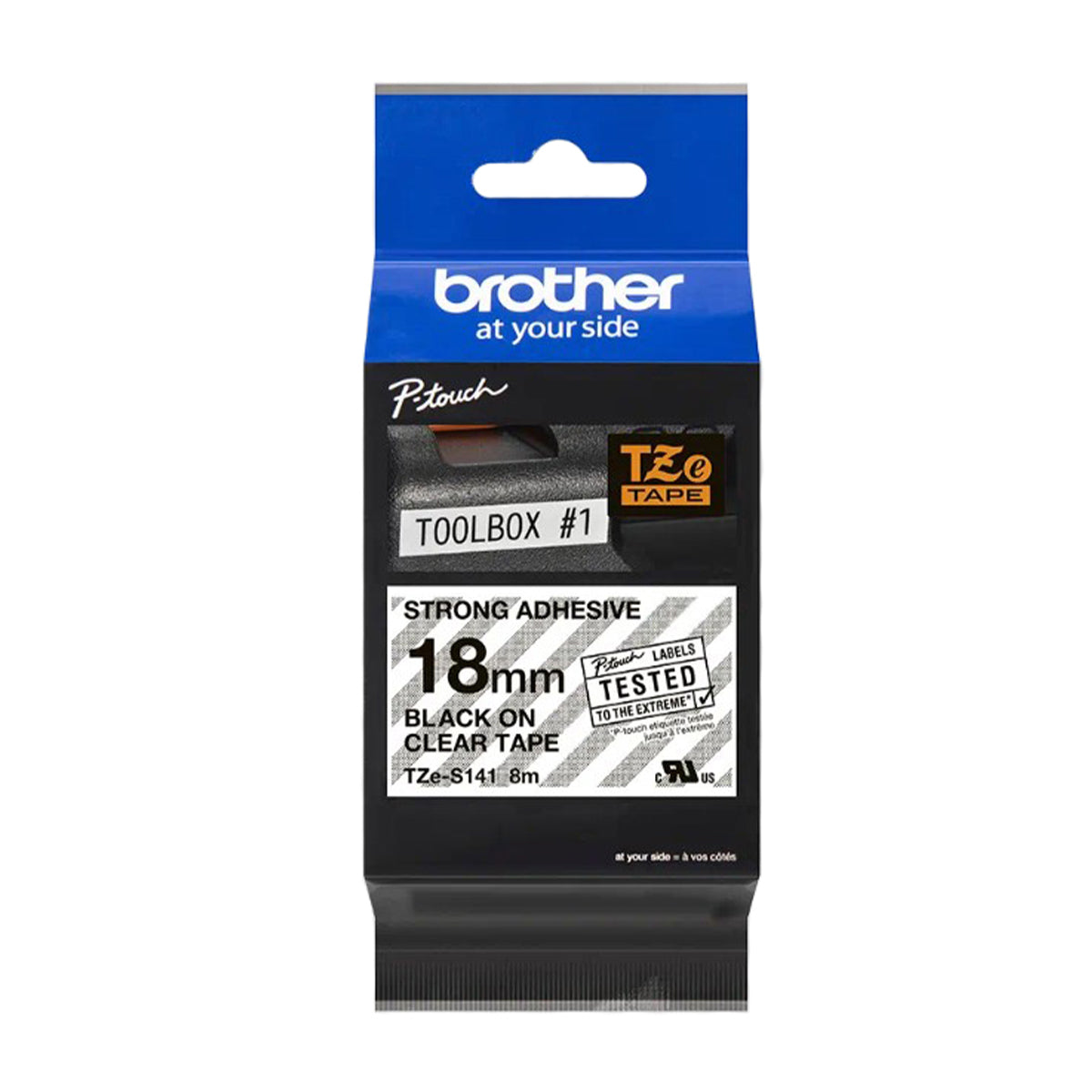 Cinta Rotuladora Brother TZe-S141 Super Adhesiva 18mm x 8mts Transparente sobre Negro