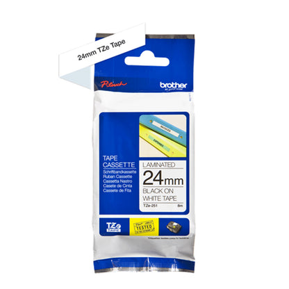 Cinta Brother Adhesiva TZE-251 blanca letras negras, 24 mm de ancho y 8 metros de largo, empaque original,