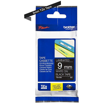 Cinta Rotuladora Brother TZe-325 Adhesivo estándar 9mm x 8mts negro letras blancas