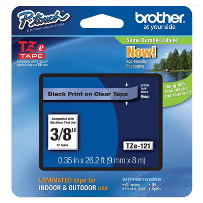 Cinta Rotuladora Brother TZe-121 Adhesivo estándar 9mm x 8mts transparente letras negras