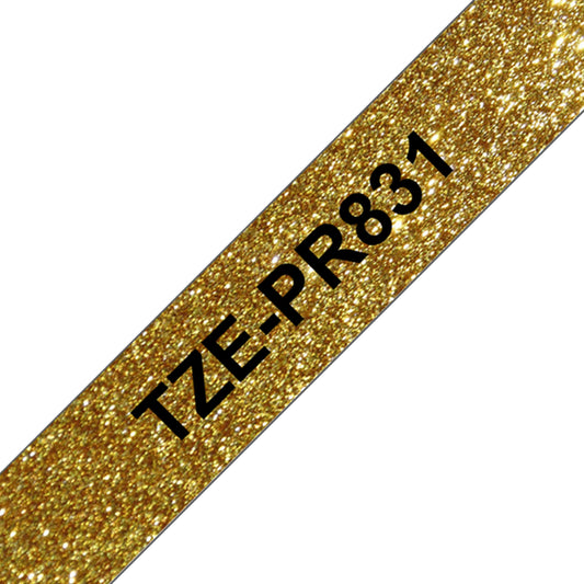 Cinta Brother TZE-PR831 Adhesiva fondo dorado glitter con brillos y letras negras de 12mm de ancho y 8 metros de largo