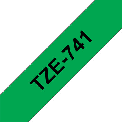Cinta adhesiva TZe-741 de Brother para rotuladoras P-Touch, 18mm de ancho y 8 metros de largo, color verde letras negras