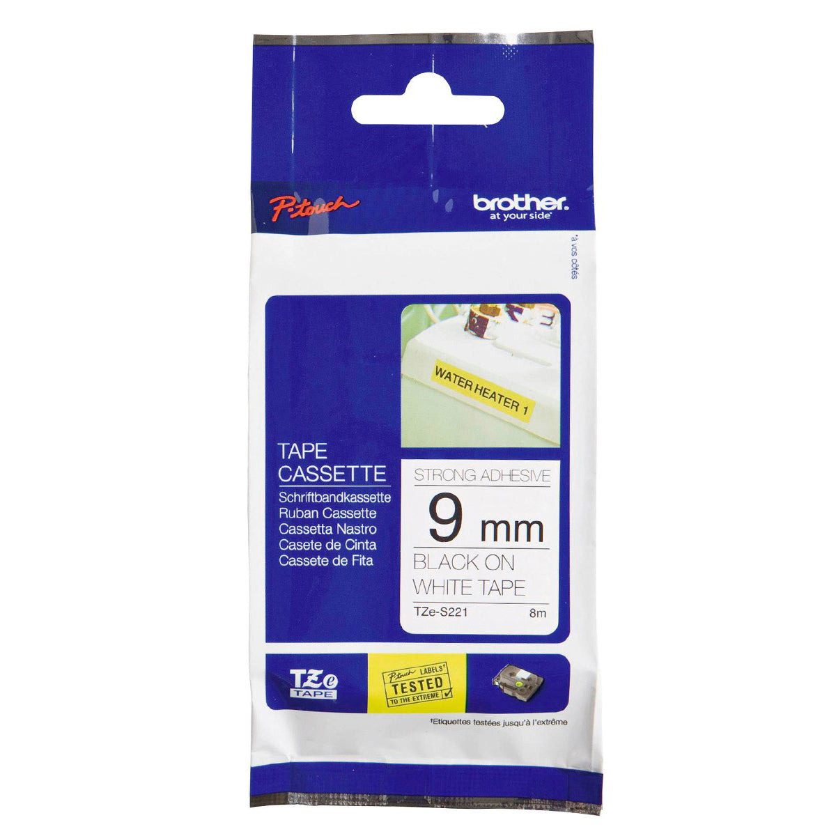 Cinta Rotuladora Brother TZe-S221 Super Adhesiva 9mm x 8mts blanca letras negras