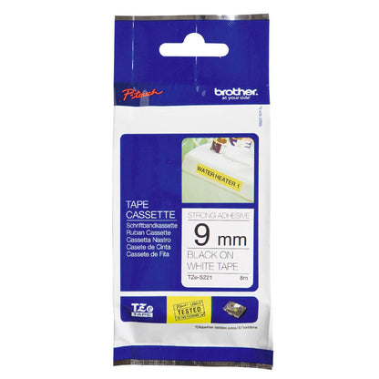 Cinta Rotuladora Brother TZe-S221 Super Adhesiva 9mm x 8mts blanca letras negras