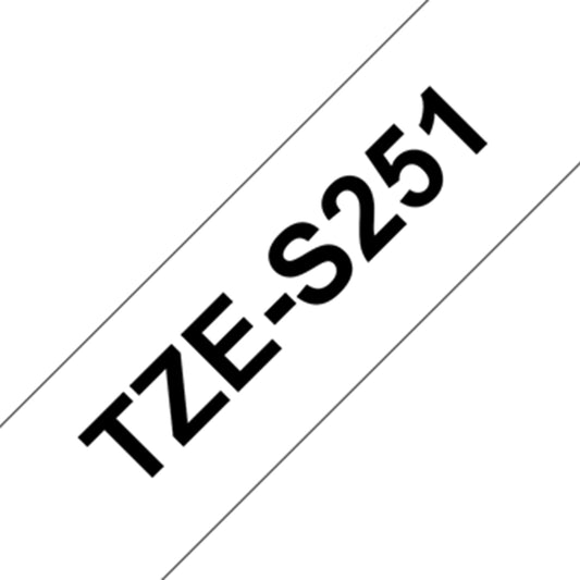 Cinta Súper Adhesiva Brother TZE-S251 fondo blanco letras negras de 24mm de ancho y 8 metros de largo.