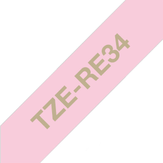 Cinta Rotuladora Brother Satin TZERE34 12mm x 4m Rosado letras doradas