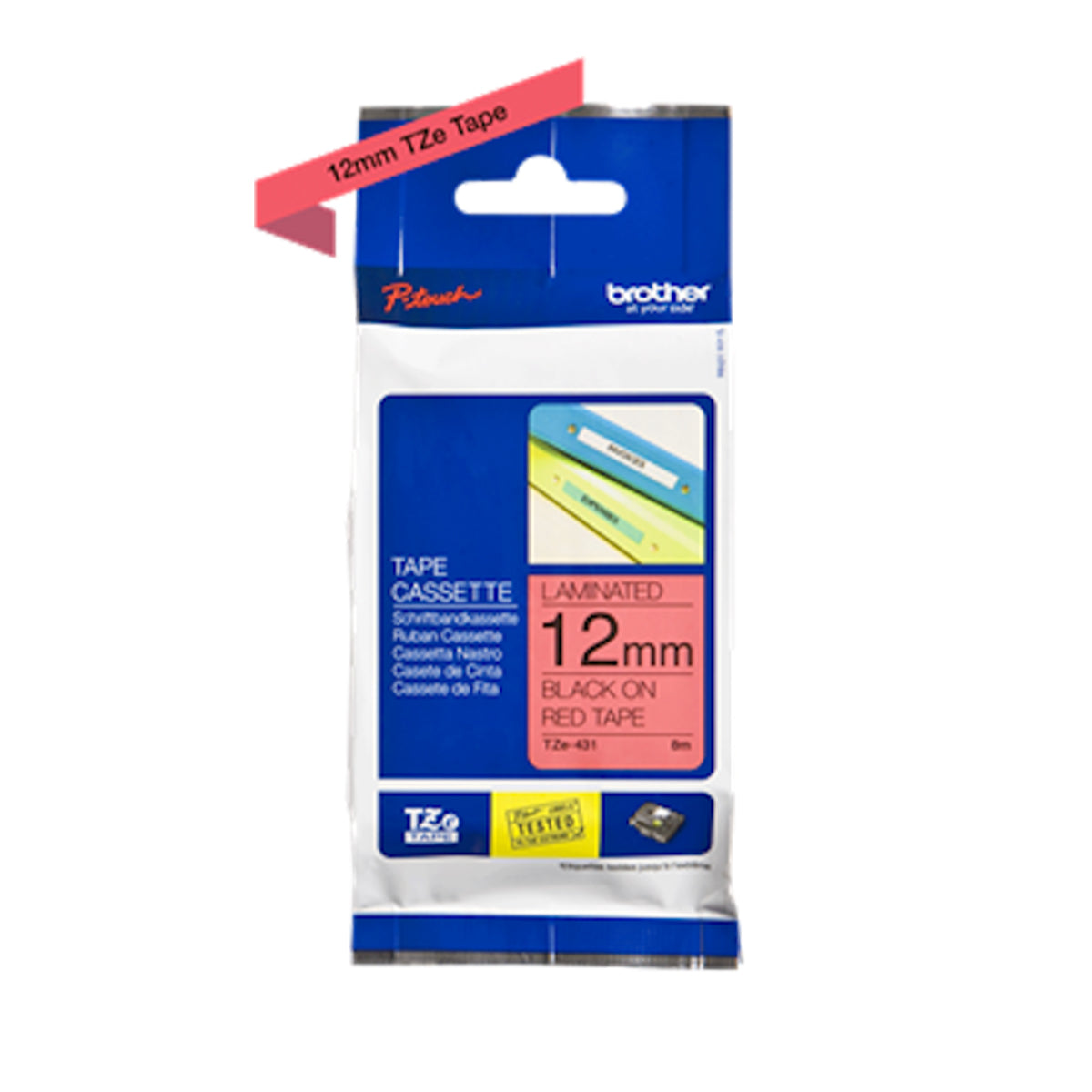 Cinta Rotuladora Brother TZe-431 Adhesivo estándar 12mm x 8mts Negro sobre Rojo