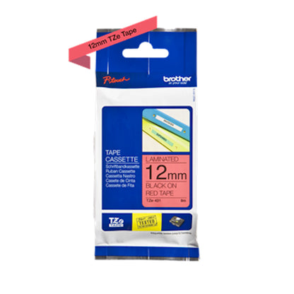 Cinta Rotuladora Brother TZe-431 Adhesivo estándar 12mm x 8mts Negro sobre Rojo