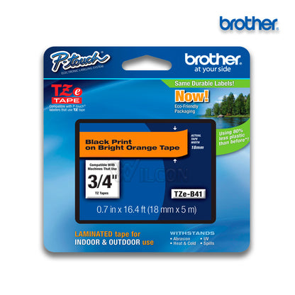 Cinta Rotuladora Brother TZe-B41 Adhesivo estándar 18mm x 5m naranjo letras negras
