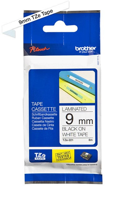 Cinta Rotuladora Brother TZe-221 Adhesivo estándar 9mm x 8mts blanco letras negras