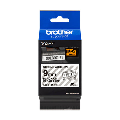 Cinta Rotuladora Brother TZe-S121 Super Adhesiva 9mm x 8mts transparente letras negras