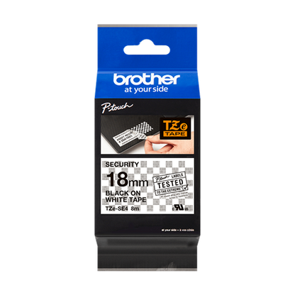 Cinta Rotuladora Brother TZe-SE4 de Seguridad 18mm x 8m blanca letras negras