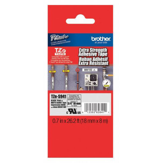 Cinta Rotuladora Brother  TZe-S941 Super Adhesiva 18mm x 8m gris mate letras negras