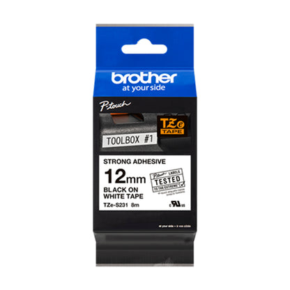 Cinta Rotuladora Brother TZe-S231 Super Adhesiva 12mm x 8mts blanca letras negras