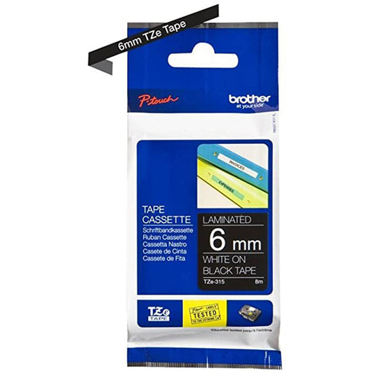 Cinta Rotuladora Brother TZE315 Adhesivo estándar 6mm x 8mts Blanco sobre Negro